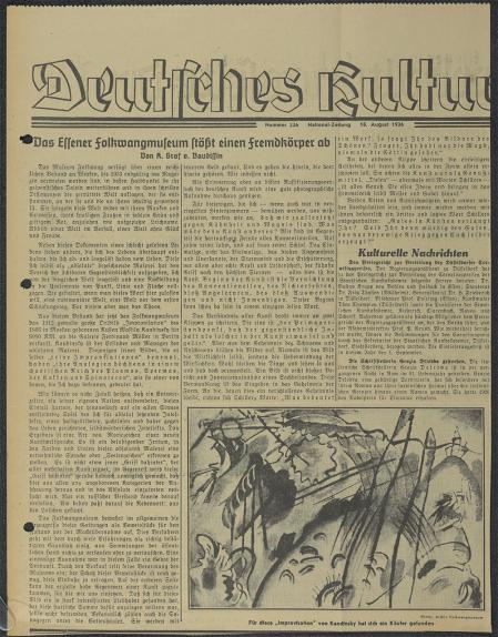 Zeitungsartikel "Das Essener-Folkwangmuseum stößt einen Fremdkörper ab" von Graf Klaus von Baudissin National-Zeitung, 18. August 1936