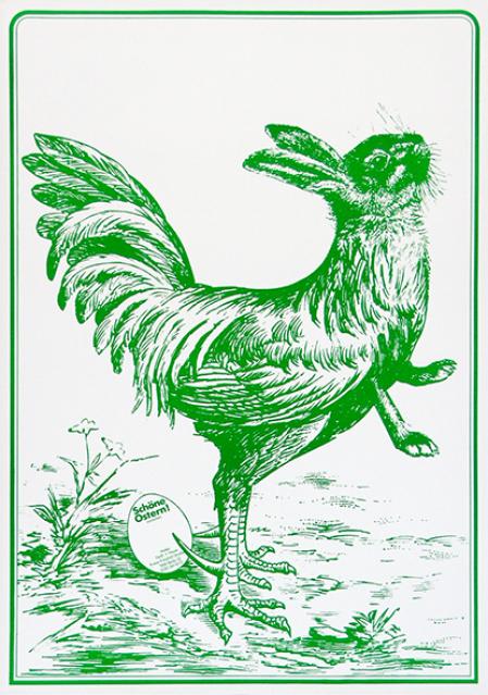 Bild in grünen Farbtönen, welches einen Hybrid aus Hase und Hahn darstellt.