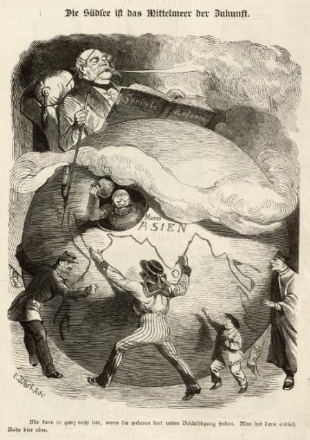 Karikatur aus Kladderadatsch, 1884: "Die Südsee ist das Mittelmeer der Zukunft"
