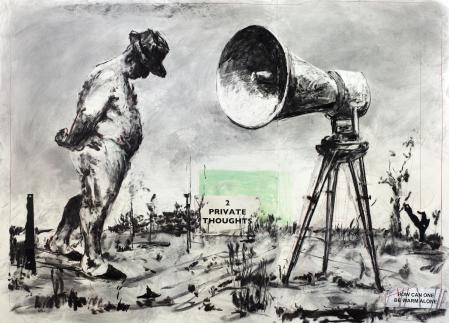 William Kentridge, Zeichnung für Studio Life (2 Private Thoughts), 2021 Tusche, Buntstift, Kohle, Pastellkreide und Collage auf Papier 152 x 208 cm © William Kentridge, 2024