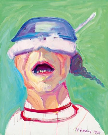 Maria Lassnig, Selbstporträt mit Kochtopf, 1995