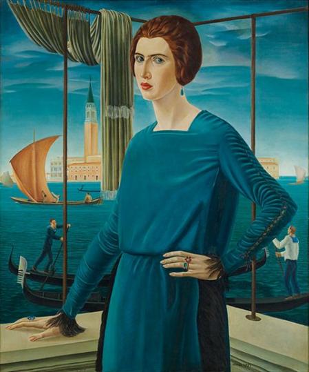 Ubaldo Oppi, Die Frau des Künstlers vor venezianischer Kulisse, 1921