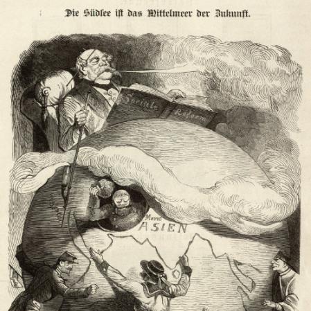 Karikatur aus Kladderadatsch, 1884: "Die Südsee ist das Mittelmeer der Zukunft"